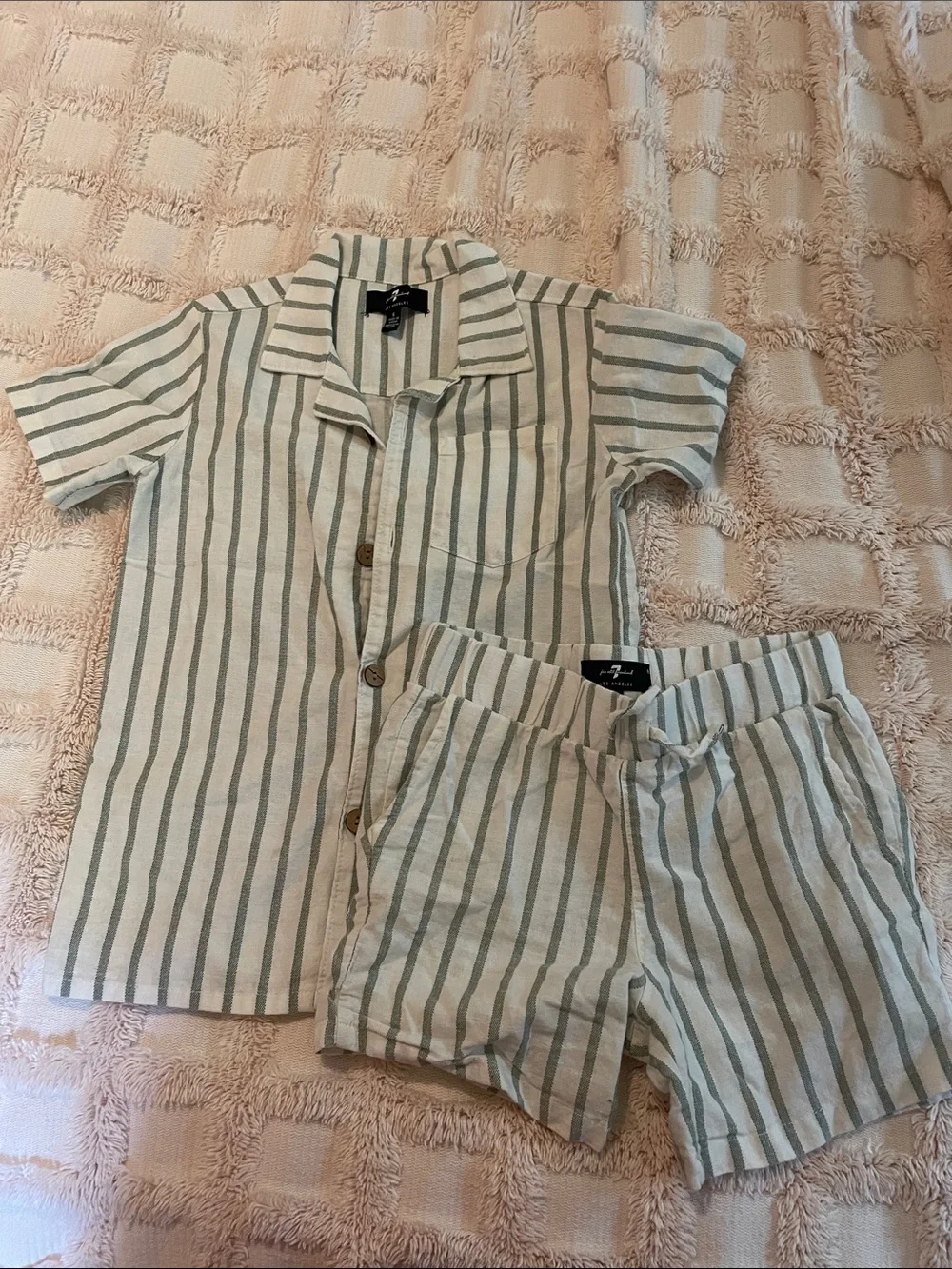 7 For All Mankind White Top with Sage Green Stripes